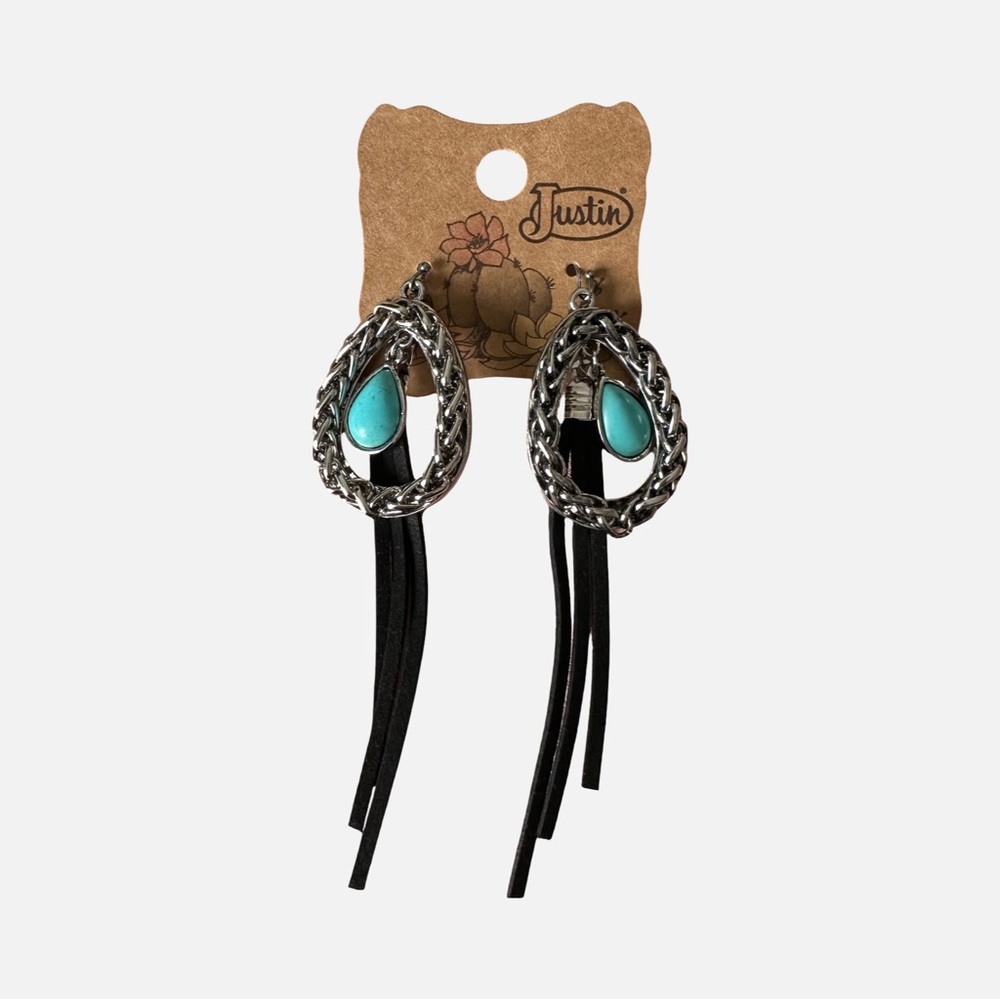 NWT Justin Silver Teardrop & Suede Fringe Turquoise Drop Earrings Boho‎ Western
